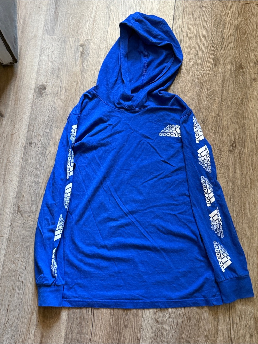 Adidas Boys Youth Hoodie M 10/12 Blue 100% Cotton Logo Print Sleeves Pullover